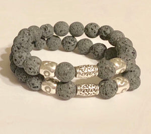 Men's/Unisex 10mm Gray Lava Stone Bracelet with Gray Brain Cancer & Brain Tumor Awareness Ribbons.