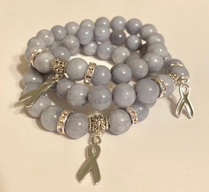 High Quality 10mm Gray Jade Gemstone Beaded Bracelet with Gray Brain Cancer & Brain Tumor Awareness Ribbon, and Crystal Rhinestone Beads